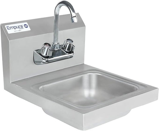 14" Wide Stainless Steel Wall Mounted Hand Sink | Commercial Prep Utility 10" x 12" Bowl for Kitchen Laundry | 4" Center Gooseneck Faucet, 8" Backsplash, 14"W x 16.5"D x 13"H, 20 Gauge, NSF