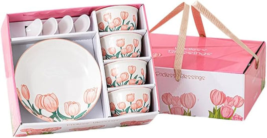 Premium Ceramic Dinnerware Set – Floral Bowls & Plates Set, Elegant Hand-Painted Design, Microwave Safe, Ideal for Wedding/Housewarming/Corporate Gifts (Tulip, 4*bowls+spoons+plates)