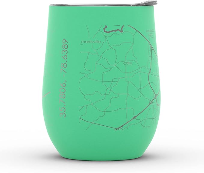 Well Told Engraved Raleigh North Carolina Map Insulated Wine Tumbler, Etched Stainless Steel Cup (12 oz, Sunday Green) City Map Insulated Tumbler, Custom Insulated Tumbler, Outdoor Drinkware