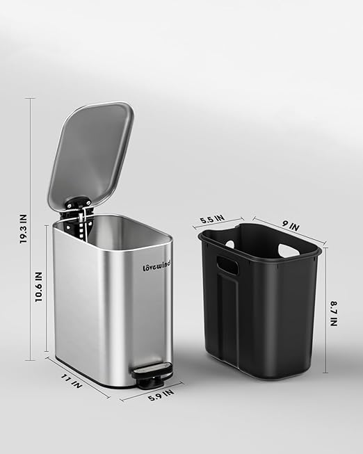 Lovewind 2 Pack Bathroom Trash Can with Lid, 1.6 Gallon/ 6 Liter Stainless Steel Garbage Can with Removable Inner Bucket, Step Pedal Wastebasket-Narrow Waste Bin for Bathroom, Toilet, Bedroom, Silver