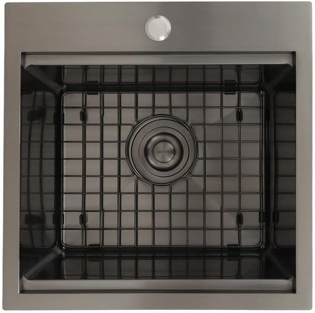 STARSTAR Workstation Ledge Topmount/Drop-in Single Bowl Black Matte Stainless Steel Kitchen/Yard/Bar/Laundry/Office Sink, With Grid, Dark Cutting Board, Strainer (15x15x9)