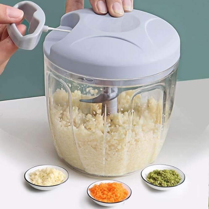 Food Chopper,Garlic Chopper with Container,Vegetable Kitchen Cutter,Pull String Hand Manual Food Processor Sharp Blades Mincer Shredder for Cutting Onions Chili Ginger Seasoning (Blue, 900ml)