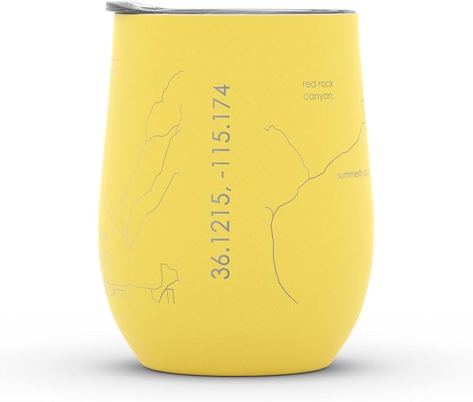 Well Told Engraved Las Vegas Nevada Map Insulated Wine Tumbler, Etched Stainless Steel Cup (12 oz, Sunrise Yellow) City Map Insulated Tumbler, Custom Insulated Tumbler, Outdoor Drinkware