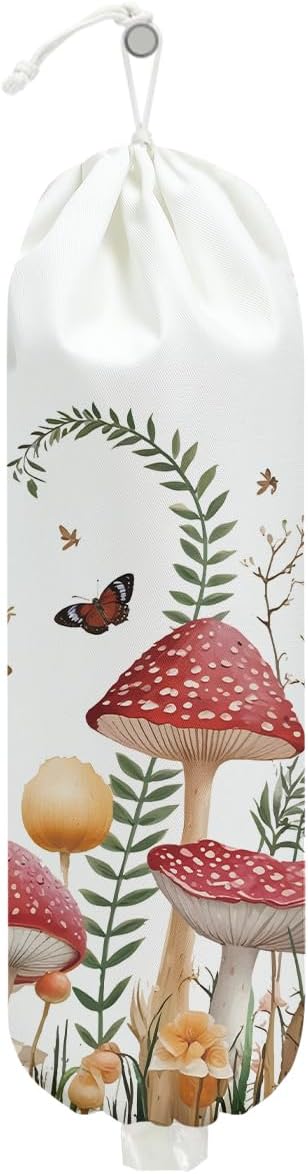 Mushroom Plastic Bag Holder, Wall Mount Grocery Bag Holder for Plastic Storage bag, Storage Organizer Reusable Grocery Bags, Pull Rope Free Adjustment, Butterfly Gifts for Women Mom Sister
