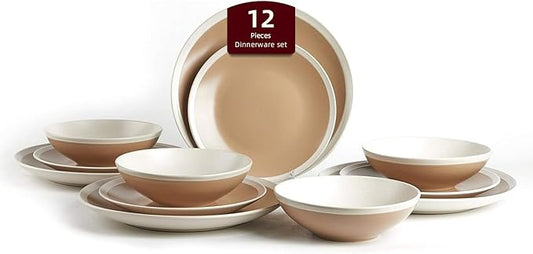 Rock Ridge Stoneware Dinnerware (12pc Set, Beige and Ivory)