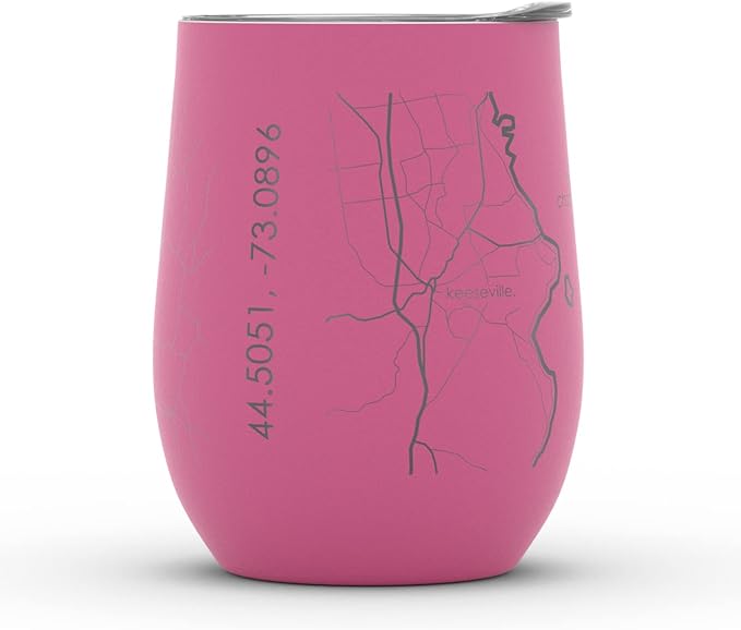 Well Told Engraved Burlington Vermont Map Insulated Wine Tumbler, Etched Stainless Steel Cup (12 oz, Sunset Pink) City Map Insulated Tumbler, Custom Insulated Tumbler, Outdoor Drinkware
