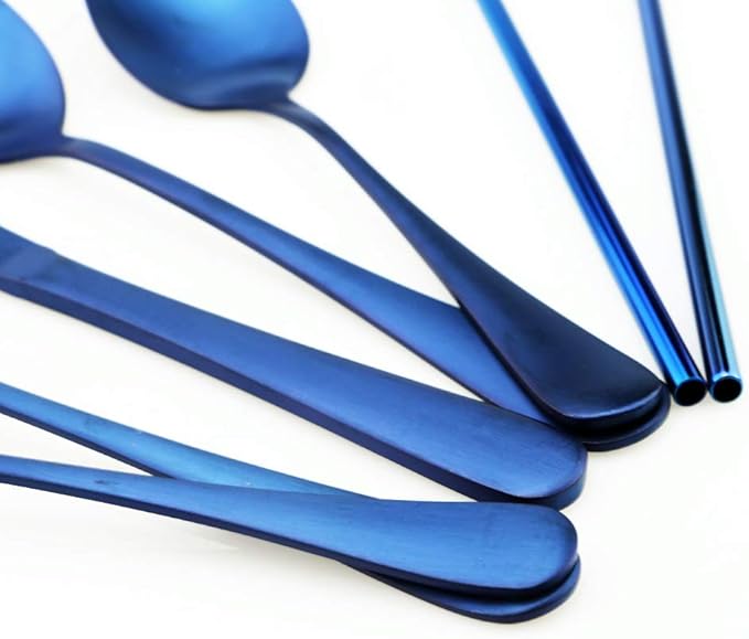 Blue Reusable Utensils with Case Camping Travel Silverware Set,Portable Stainless Steel Cutlery Set - Matte Flatware Set Knife Fork Spoon Mirror Straws Chopsticks - for Office Lunch, Hiking, School