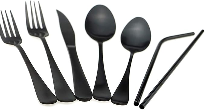 Black Reusable Utensils with Case Camping Travel Silverware Set,Portable Stainless Steel Cutlery Set - Matte Flatware Set Knife Fork Spoon Mirror Straws Chopsticks - for Office Lunch, Hiking, School