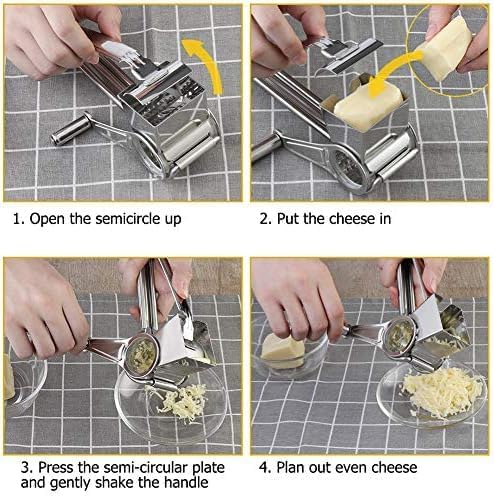 Hand Crank Cheese Grater with Stainless Steel Drum | Ergonomic Rotary Grater & Shredder for Hard Cheeses, Vegetables & More - Easy-to-Use Handheld Kitchen Tool for Cooking and Food Prep