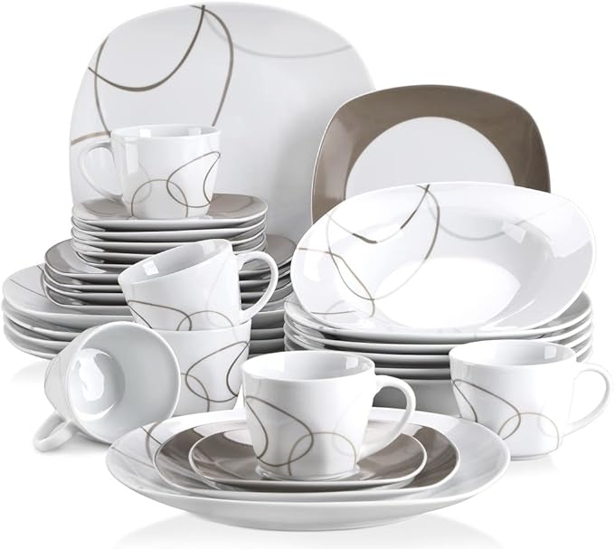 VEWEET 'Nikita' 30-Piece Dinner Set Ivory White Brown Lines Porcelain China Ceramic Combination Sets of Dessert Plates/Soup Plates/Dinner Plates/Cups/Saucers Service for 6