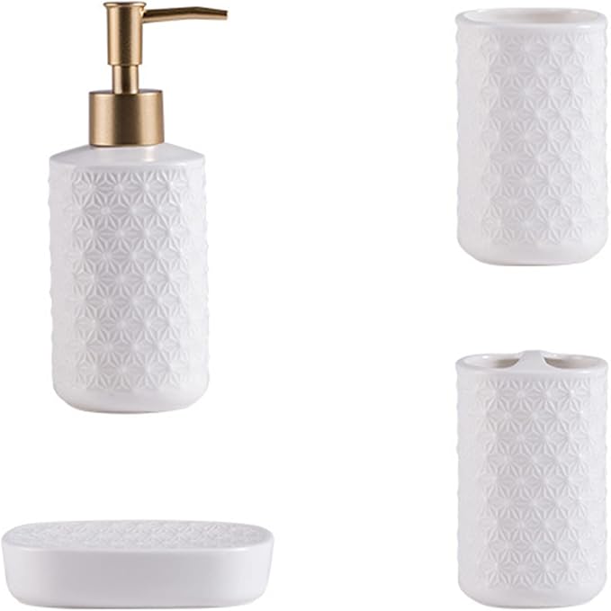 Ceramic Bathroom Accessories Set, 4 Pack Bathroom Ensemble for Bathroom Includes 1 Lotion Dispenser 1 Toothbrush Holder 1 Tumbler 1 Soap Dish (White)