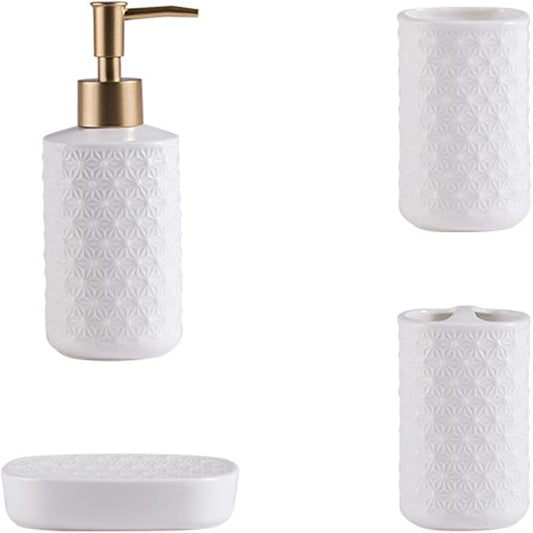 Ceramic Bathroom Accessories Set, 4 Pack Bathroom Ensemble for Bathroom Includes 1 Lotion Dispenser 1 Toothbrush Holder 1 Tumbler 1 Soap Dish (White)