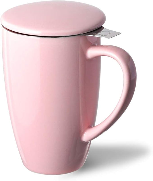 Sweejar Porcelain Tea Infuser Mug with Lid, 16 oz Teacup with Strainers for Loose Leaf Tea, Microwave and Dishwasher Safe Coffee Mug(Pink)