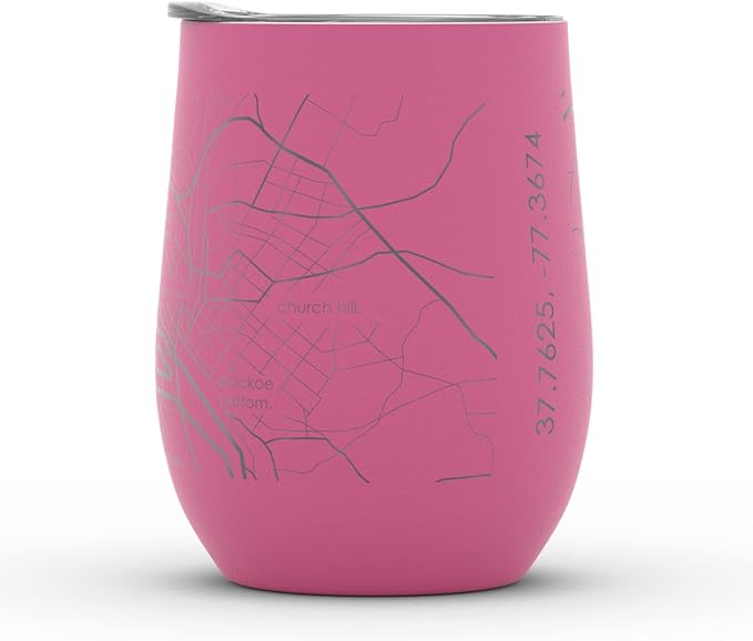 Well Told Engraved Richmond Virginia Map Insulated Wine Tumbler, Etched Stainless Steel Cup (12 oz, Sunset Pink) City Map Insulated Tumbler, Custom Insulated Tumbler, Outdoor Drinkware