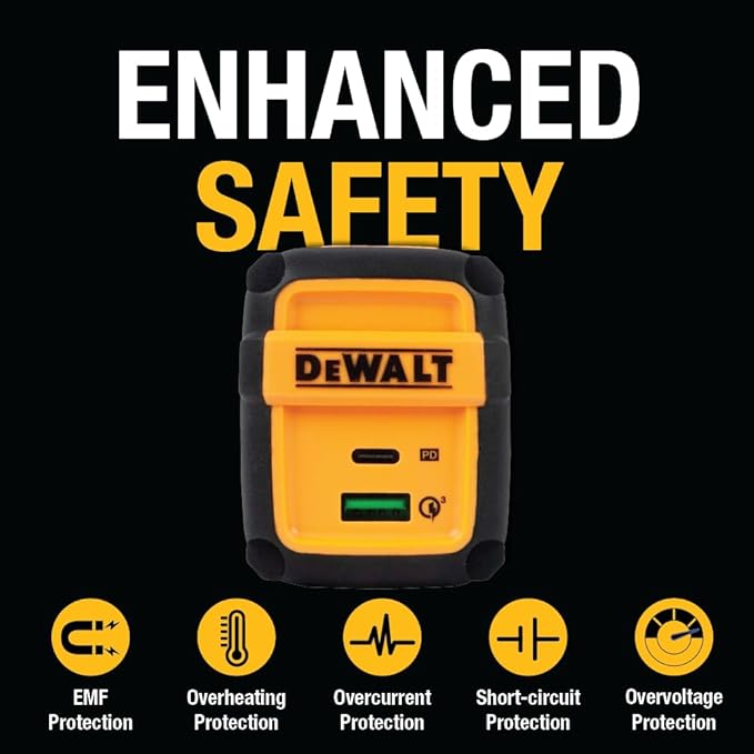 DEWALT Heavy Duty 49.5W Dual USB & USB C Charger Block (Cable Not Included), USBC Power Adapter, 2 Port Compact Foldable Fast Wall Charger for iPhone 17/16/15/14 Galaxy Pixel 4/3 iPad - Black & Yellow