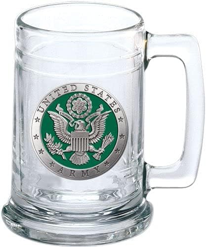 Heritage Pewter Army Beer Stein Glass | 15 Ounce German-Style Beer Glass | Intricately Crafted Metal Pewter Alma Mater Inlay