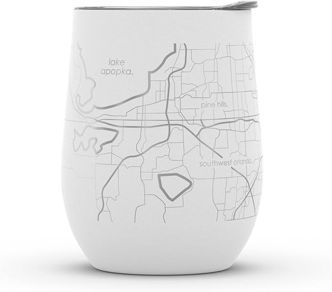 Well Told Engraved Orlando Florida Map Insulated Wine Tumbler, Etched Stainless Steel Wine Tumbler (12 oz, White) City Map Insulated Tumbler, Custom Insulated Tumbler, Outdoor Drinkware