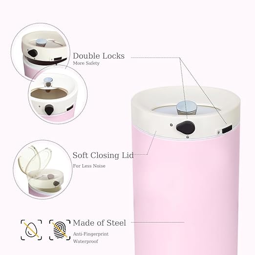 Diaper Pail, Airtight Odor Control Baby Diaper Bin with Childproof Lock, Stainless Steel Garbage Pail with lid, 15 Liter/ 4 Gallon Compact Nursery Trash Can with Removal Inner Liner, Pink
