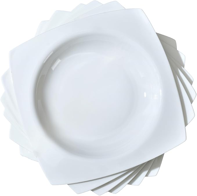 6-piece white bone china dinner plate set, 9.5 inches, square soup plate
