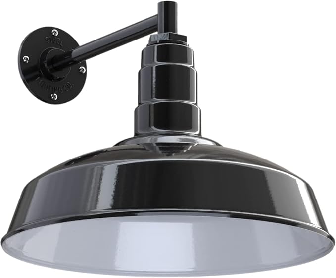 Steel Lighting Co. | Dusk to Dawn | Gardena Barn Light | Outdoor Wall Mounted | 16" Dome | 11" Straight Arm | Farmhouse Light Made in America | Black Exterior/White Interior