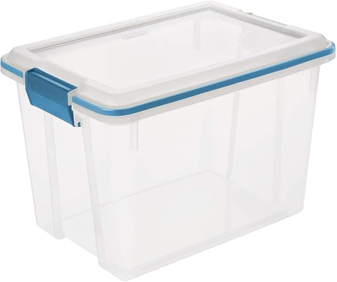 Sterilite 20 Qt Gasket Box, Stackable Storage Bin with Latching Lid and Tight Seal, Plastic Container to Organize Basement, Clear Base and Lid, 6-Pack