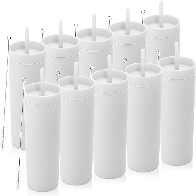 Volhoply 20oz Plastic Skinny Tumblers Bulk 10 Pack,Double Wall Tumbler with Lid and Straw,BPA Free Matte Acrylic Iced Coffee Cups With Straw,Reusable Travel Cute Mug for Party,DIY Gift(White,10 Set)