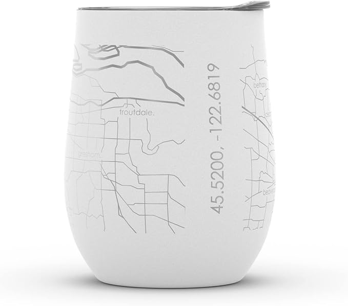 Well Told Engraved Portland Oregon Map Insulated Wine Tumbler, Etched Stainless Steel Wine Tumbler (12 oz, White) City Map Insulated Tumbler, Custom Insulated Tumbler, Outdoor Drinkware