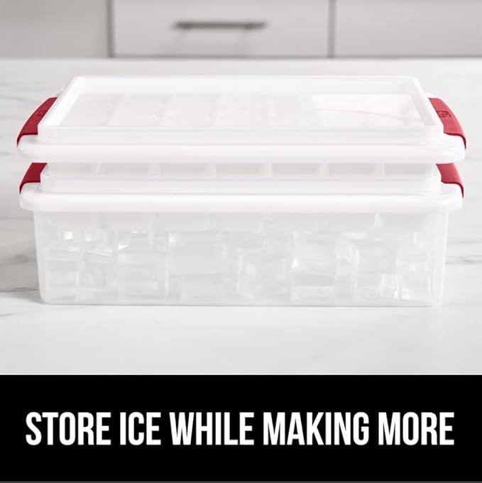 GORILLA GRIP BPA-Free Easy Release Stackable Ice Cube Tray for Freezer, Set Makes 56 Cubes for Cocktail Drinks, Coffee, Bucket Kit Includes 2 Leakproof Trays with Lid and Scooper, Kitchen Tool, Red