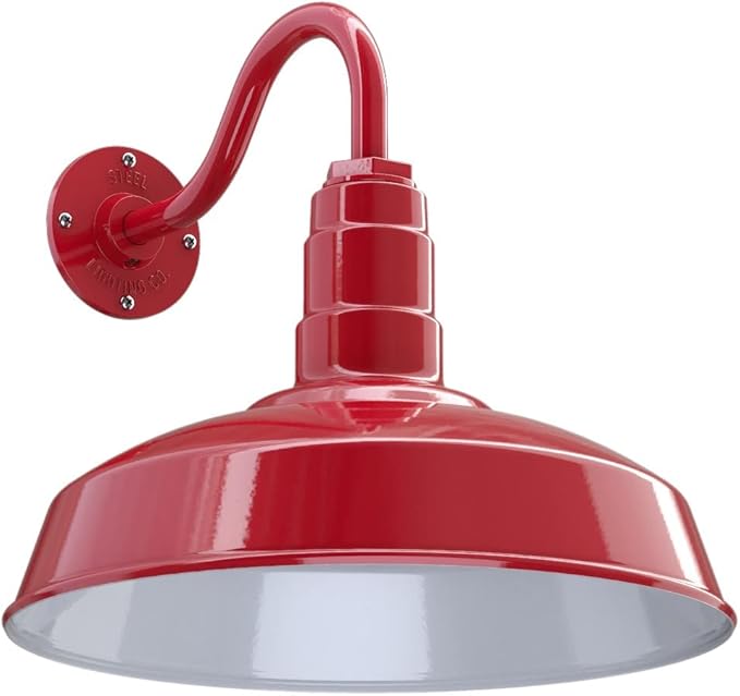 Steel Lighting Co. | Dusk to Dawn | Gardena Barn Light | Outdoor Wall Mounted | 16" Dome | 11" Gooseneck | Farmhouse Light Made in America | Red Exterior/White Interior