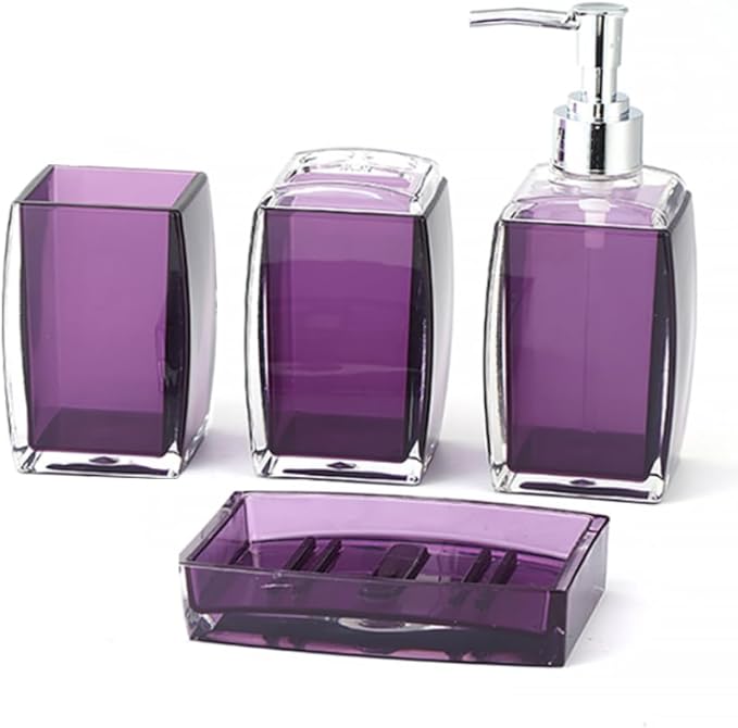 Bathroom Accessories Set,4 pcs Acrylic Bathroom Accessory Set with Soap Dispenser,Soap Dish, Toothbrush Holder, Tumbler, Modern Bathroom Accessories Decor,Gift for Home (Purple)