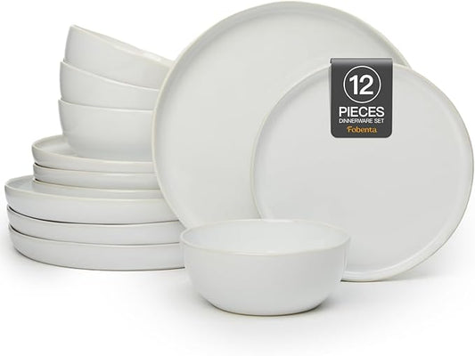 Ceramic Dinnerware Set for 4,Reactive Glaze Plates and Bowls Sets,Microwave Safe,Chip-Resistant Dish Set,Perfect for Modern Dining,Farmhouse Style (Fog White, Service for 4 (12pcs))
