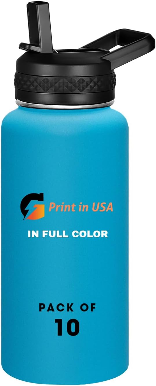 Personalized Custom Print in USA Water Bottle 10Pcs 32oz Stainless Steel Double Wall Coffee Cup with Lid & Straw Insulated Tumbler with Colorful Text Logo Photo