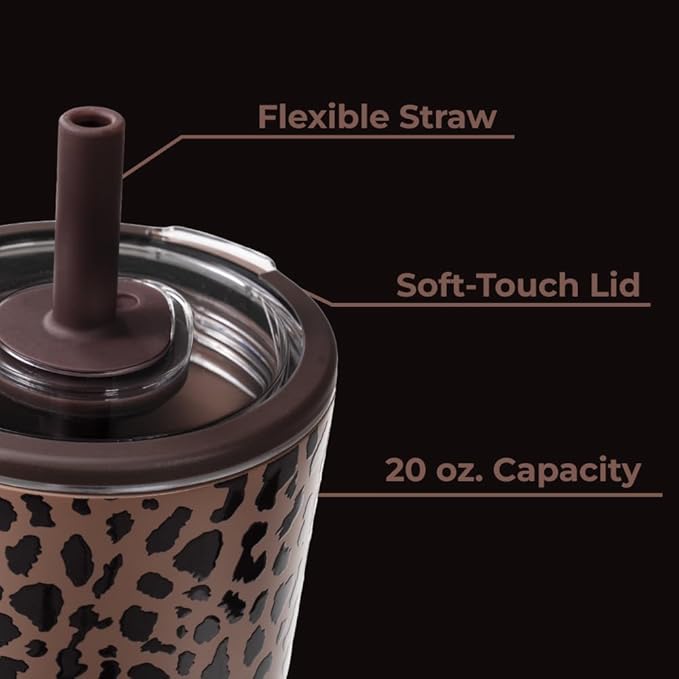 HydroJug Everyday Tumbler 20 oz – Ceramic-Lined Insulated Tumbler with Straw and Soft-Touch Lid, Cup Holder Friendly, Double-Wall Vacuum Insulation, Reusable Travel Cup – Brown Leopard