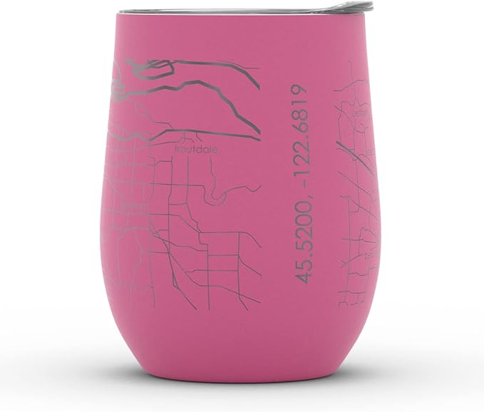 Well Told Engraved Portland Oregon Map Insulated Wine Tumbler, Etched Stainless Steel Cup (12 oz, Sunset Pink) City Map Insulated Tumbler, Custom Insulated Tumbler, Outdoor Drinkware