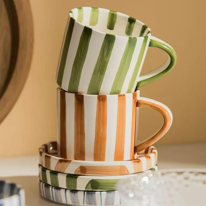 8Oz Stylish Handmade Vertical Striped Coffee Mug Espresso Cups With Saucer, Small Hand painted Ceramic Cappuccino Mugs, Glazed Tea Cup, Microwave safe Latte art mug(Brown), Fall mug