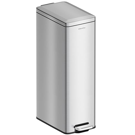 8 gallon/30L Slim Stainless Steel Garbage Can with Soft Close lid for Small Spaces，Pedal Fingerprint Proof Trash Bin with Removable Inner Bucket for Kitchen
