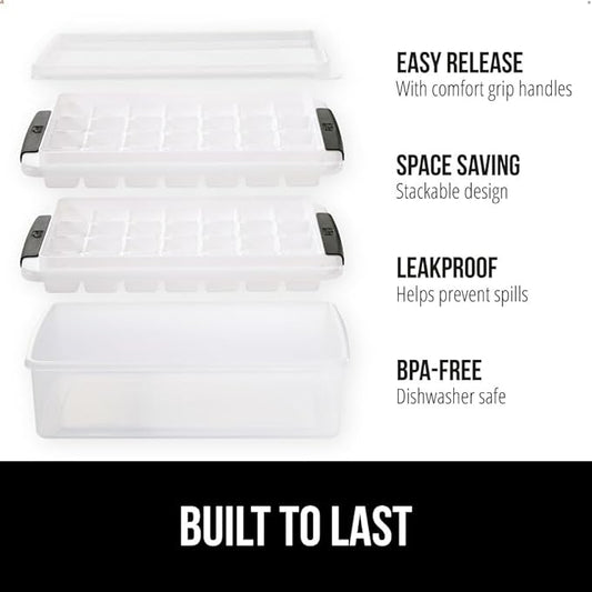 GORILLA GRIP BPA-Free Easy Release Stackable Ice Cube Tray for Freezer, Set Makes 56 Cubes for Cocktails, Coffee, Bucket Kit Includes 2 Leakproof Trays with Lid and Scooper, Holiday Hosting, Black