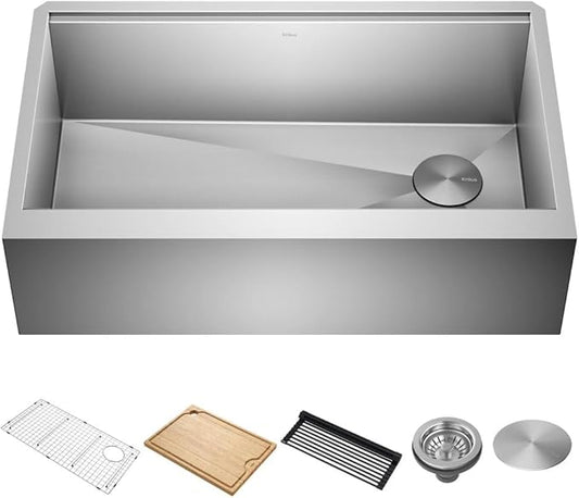 Kraus Kore 33-Inch Farmhouse Workstation with In Sink Dish Drying Rack, Stainless Steel Kitchen Sink, KWF410-33