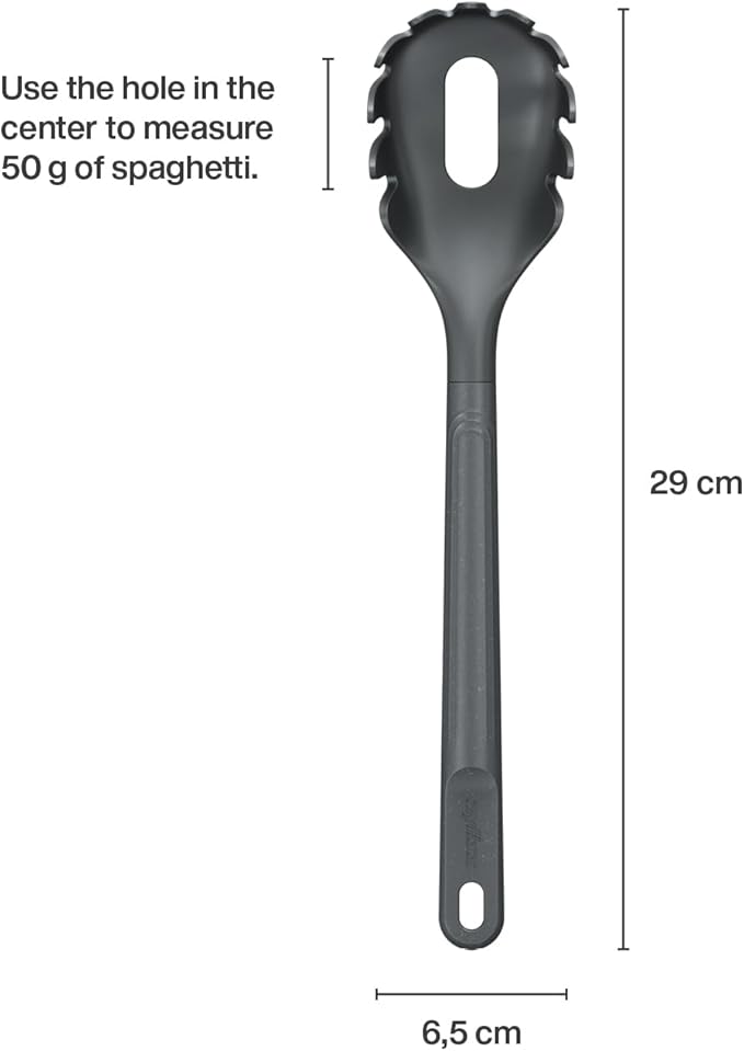 Zyliss E980231 Spaghetti Spoon, Sustainable Wheatstraw/Nylon, Scoop and Drain Spaghetti and Pasta, Non Stick, Heat Resistant Silicone Head, Beluga Grey, 12.2" X 2.5", Dishwasher Safe