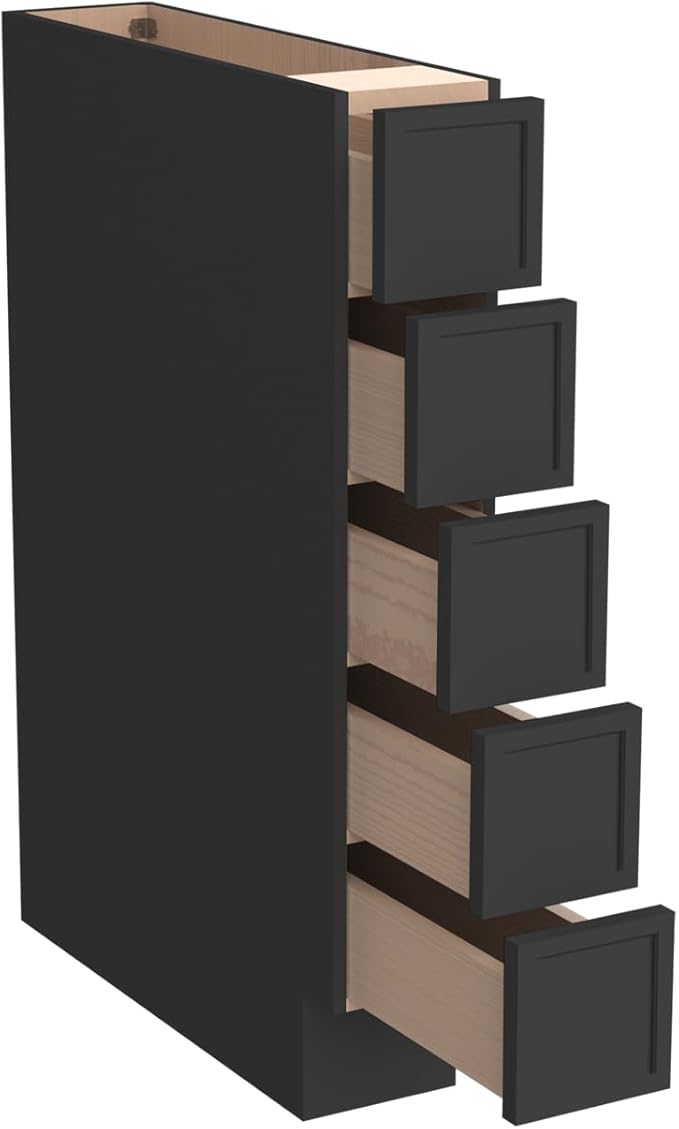 Solid Wood 5-Drawer Spice Cabinet for Kitchen, Soft Close Drawer Glides, Freestanding Storage Organizer, Fits 6" Base Cabinets, Natural Birch Wood (NT-Charcoal Black, 6" W x 24" D x 34.5" H)