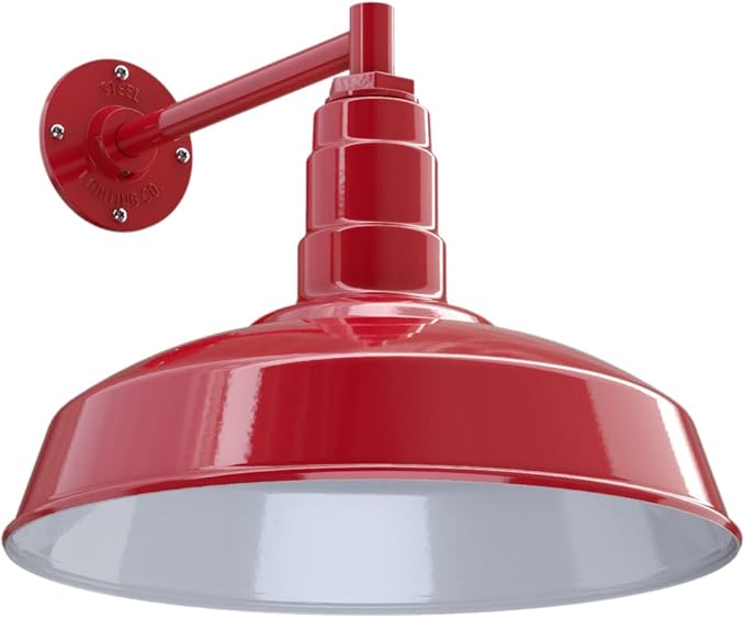 Steel Lighting Co. | Dusk to Dawn | Gardena Barn Light | Outdoor Wall Mounted | 16" Dome | 11" Straight Arm | Farmhouse Light Made in America | Red Exterior/White Interior