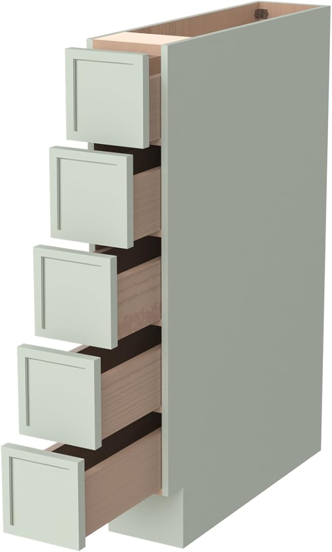 Solid Wood 5-Drawer Spice Cabinet for Kitchen, Soft Close Drawer Glides, Freestanding Storage Organizer, Fits 6" Base Cabinets, Natural Birch Wood (NT-Jade Green, 6" W x 24" D x 34.5" H)