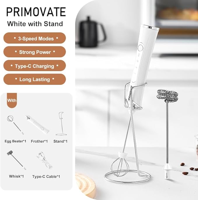 Rechargable Milk Frother, Handheld Drink Mixer with Whisk Attachment, 2025 upgraded powerfull 3 speed motor, Type C charging with charge light, with extra egg mix head (White without Stand)