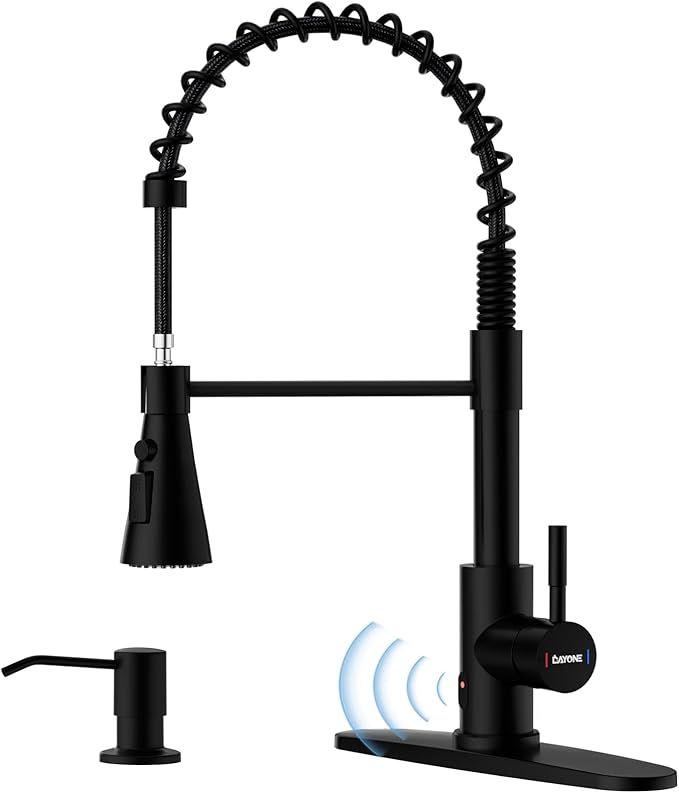 DAYONE Matte Black Touchless Kitchen Sink Faucet with Pull Down Sprayer and Soap Dispenser, Stainless Steel Motion Sensor Touch Faucet for Kitchen Sink Smart Hands-Free Single Handle