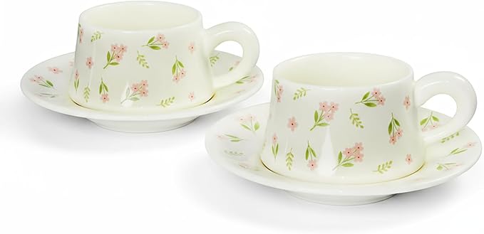 Tea Cup and Saucers, 9.5 oz Floral Tea Cups, Porcelain Teacup, Coffee Cappuccino Espresso Latte Mugs, Floral Design for Party Birthday Cafe Home, Christmas Gifting, A flower Set of 2