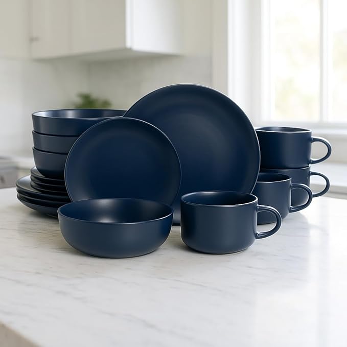 10 Strawberry Street Wazee Matte Coupe Dinnerware Set, 16 pc, Midnight Blue