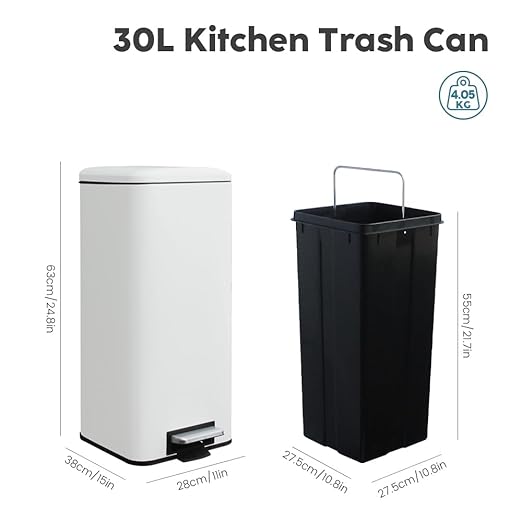 8-Gallon Trash Can, 30 Liter Stainless Steel Garbage Can, Round Trash Can with Lid, Slim Garbage can Featuring a Removable Inner Liner (White, 30L-Square)
