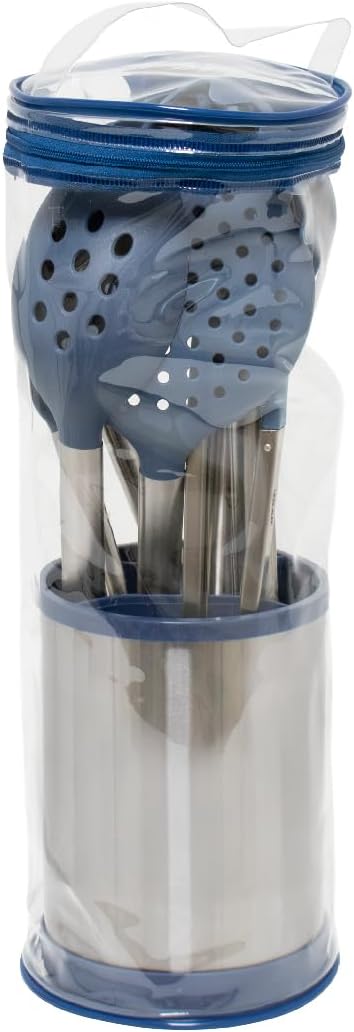 Glad Kitchen Utensils Set, 8pcs - Nonstick Cooking Tools with Stainless Steel Handles & Rotating Utensil Holder - Turners, Ladle, Spoon, Tongs, Spaghetti Server, and Skimmer - Dishwasher Safe, Blue