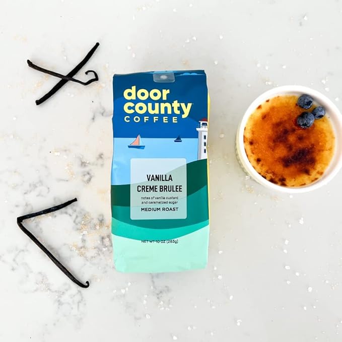 Door County Coffee Vanilla Creme Brulee Flavored - 10oz Bag - Ground Medium Roast - 100% Arabica - Vanilla Creme Brulee