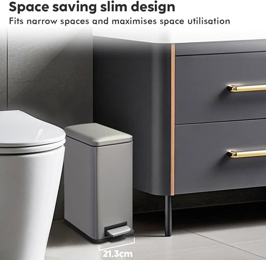 Bathroom Bin 17L, Kitchen Bins Small Trash Can with Soft Close Lid,Slim Pedal Bin with Removable Inner Bucket for Home,Bathroom,Kitchen,Bedroom,and Office.Grey